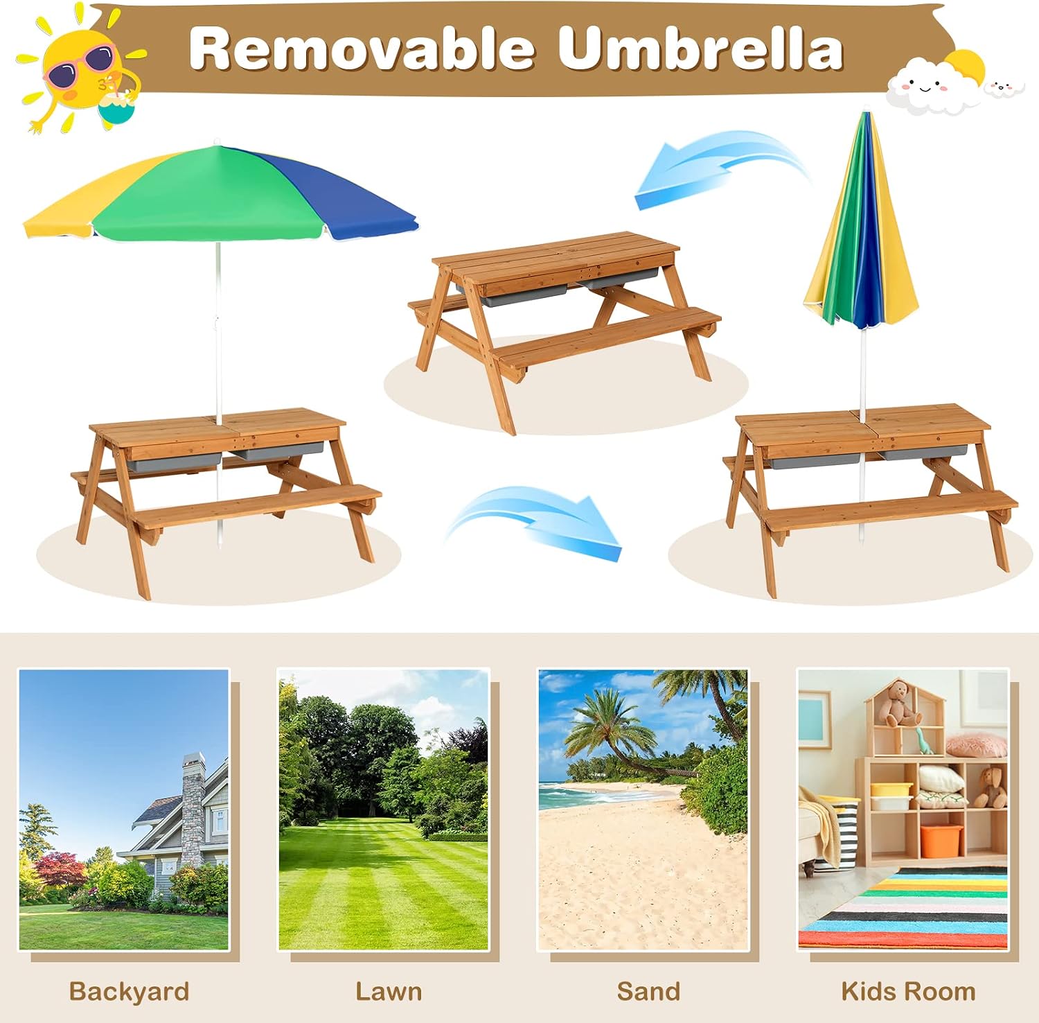 HONEY JOY Kids Picnic Table, 4 in 1 Cedar Wooden Sand & Water Table w/ 2 Removable Box & Umbrella, Kids Picnic Tables for Outdoors Backyard Garden, Toddler Patio Furniture Set for Boys Girls(Colorful)