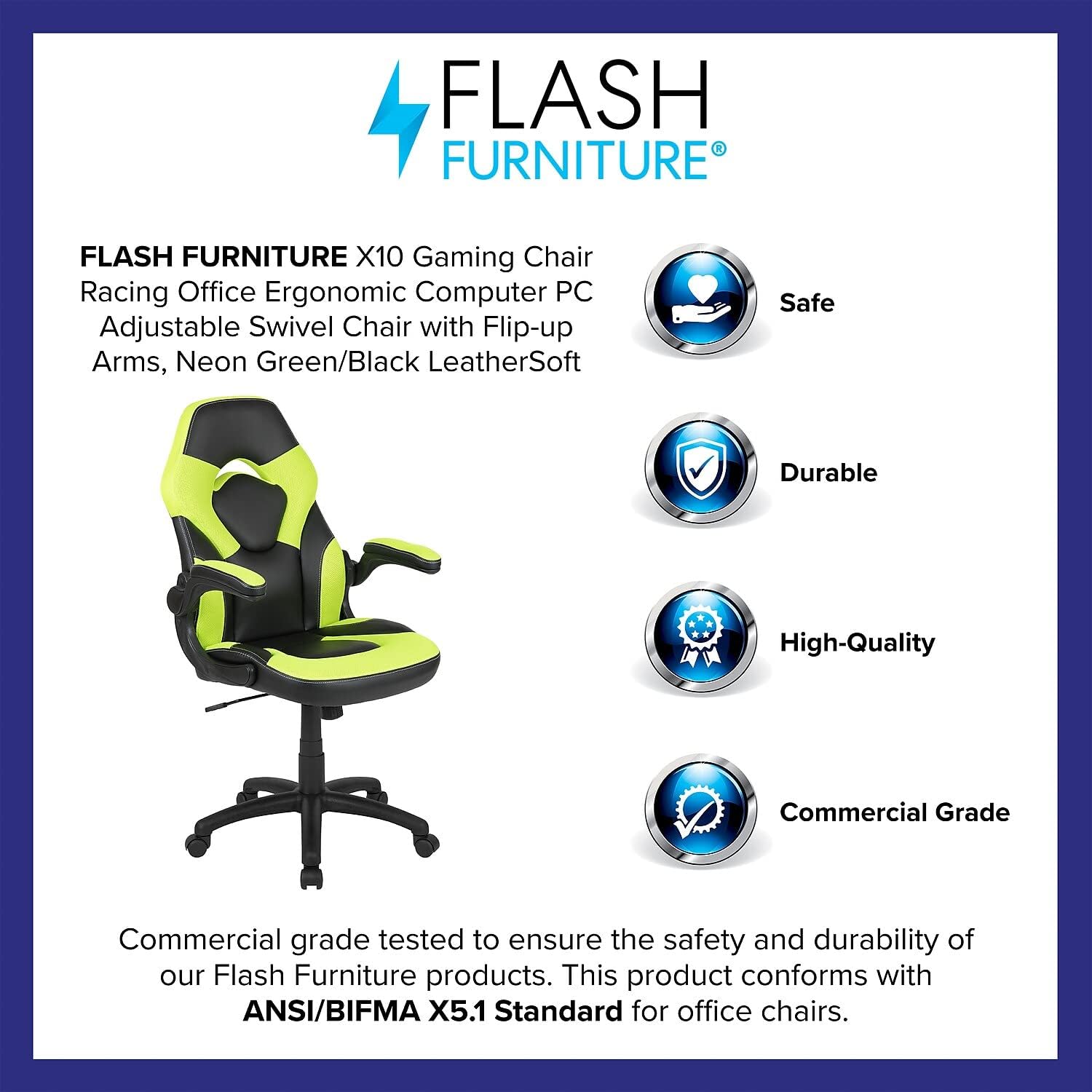 Flash Furniture X10 Gaming Chair Racing Office Ergonomic Computer PC Adjustable Swivel Chair with Flip-up Arms, Neon Green/Black LeatherSoft