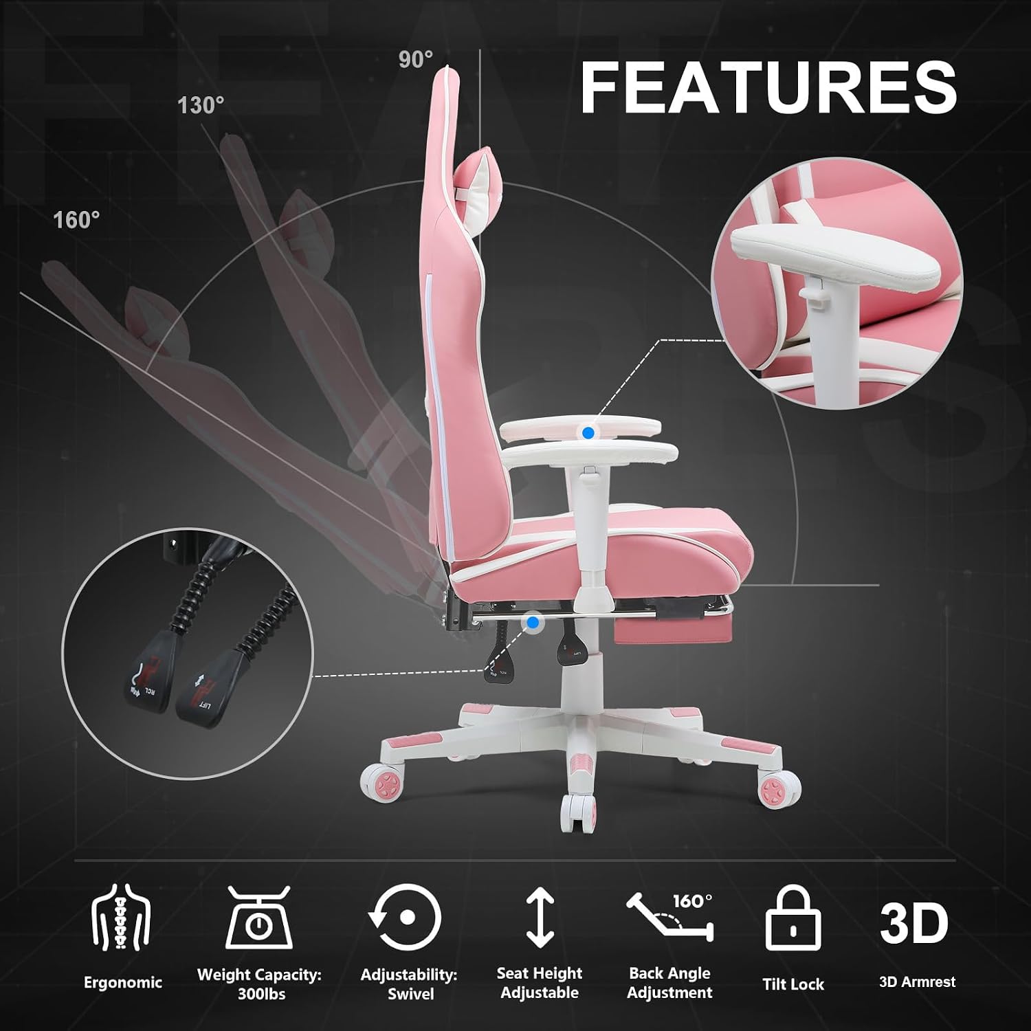 GTPLAYER Gaming Chair with Footrest, Ergonomic Computer Game Desk Chair, Recline Gaming Chair Seat Height Adjustment, Swivel Rocker with Headrest and Lumbar (Pink)