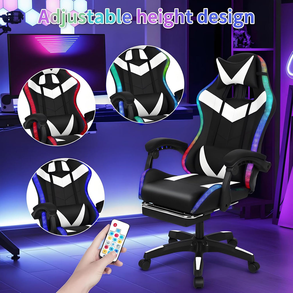 Gaming Chair with Bluetooth Speakers ＆ LED Lights, Ergonomic Massage Computer Chair Height Adjustable, Video Game Chair with 360° Swivel Seat and Headrest, 397LBS Load