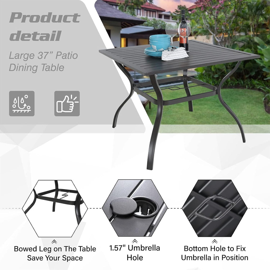 PHI VILLA 5-Piece Metal Patio Outdoor Table and Chairs Dining Set- 37' Square Bistro Table and 4 Backyard Garden Chairs, Table with 1.57' Umbrella Hole