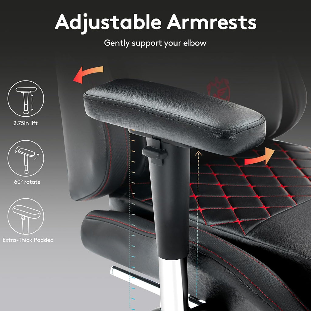 Gaming Chair,Computer Office Chair with Footrest,Massage Lumbar Support and Gel Pad,Ergonomic Reclining Leather Gamer Chair with Headrest,Adjustable Armrests and Spring Cushion Black Red