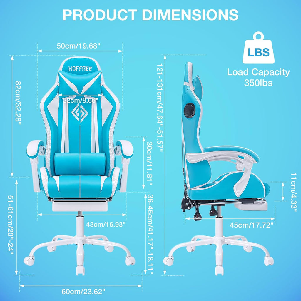HOFFREE RGB Gaming Chair with Speakers Massage Computer Gaming Chair with LED Lights and Footrest High Back Video Game Chair for Adults Light Blue and White