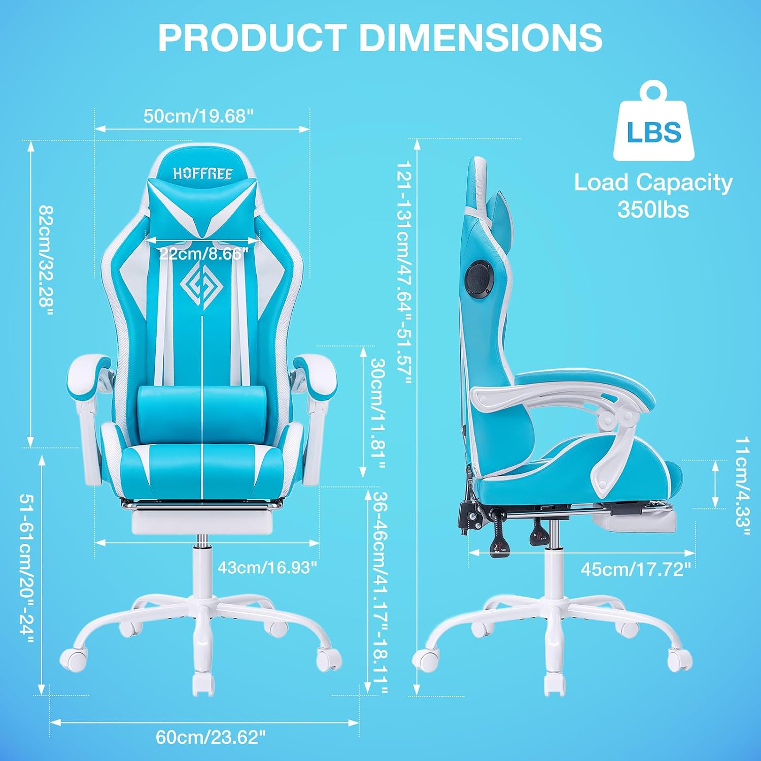 HOFFREE RGB Gaming Chair with Speakers Massage Computer Gaming Chair with LED Lights and Footrest High Back Video Game Chair for Adults Light Blue and White