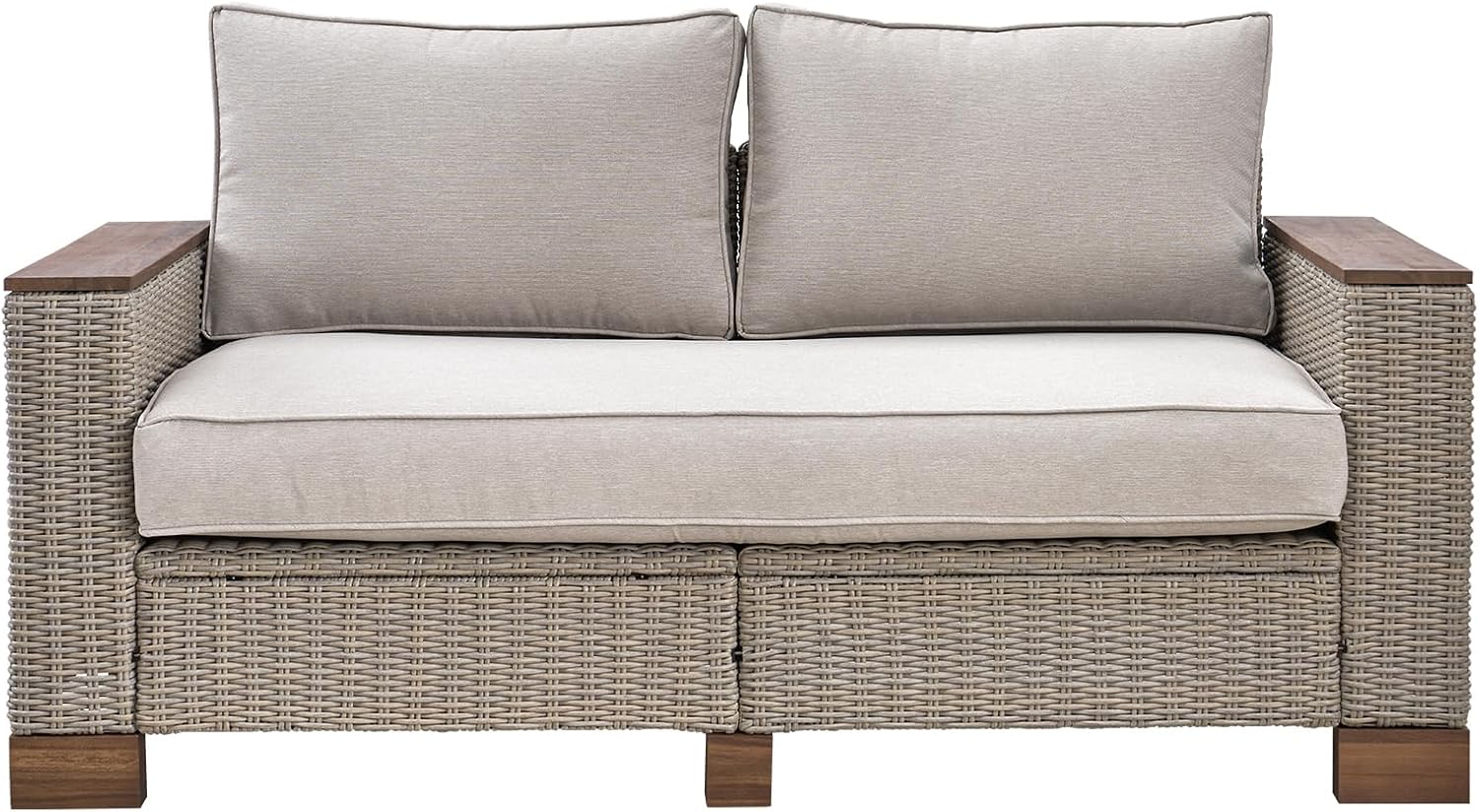 PaPaJet Outdoor Loveseat Patio Sofa, Wicker Couch with Solid Armrests & Legs, 4.7' Thick Cushion, UV-Resistant Modular Sofa for Porch, Backyard, Garden