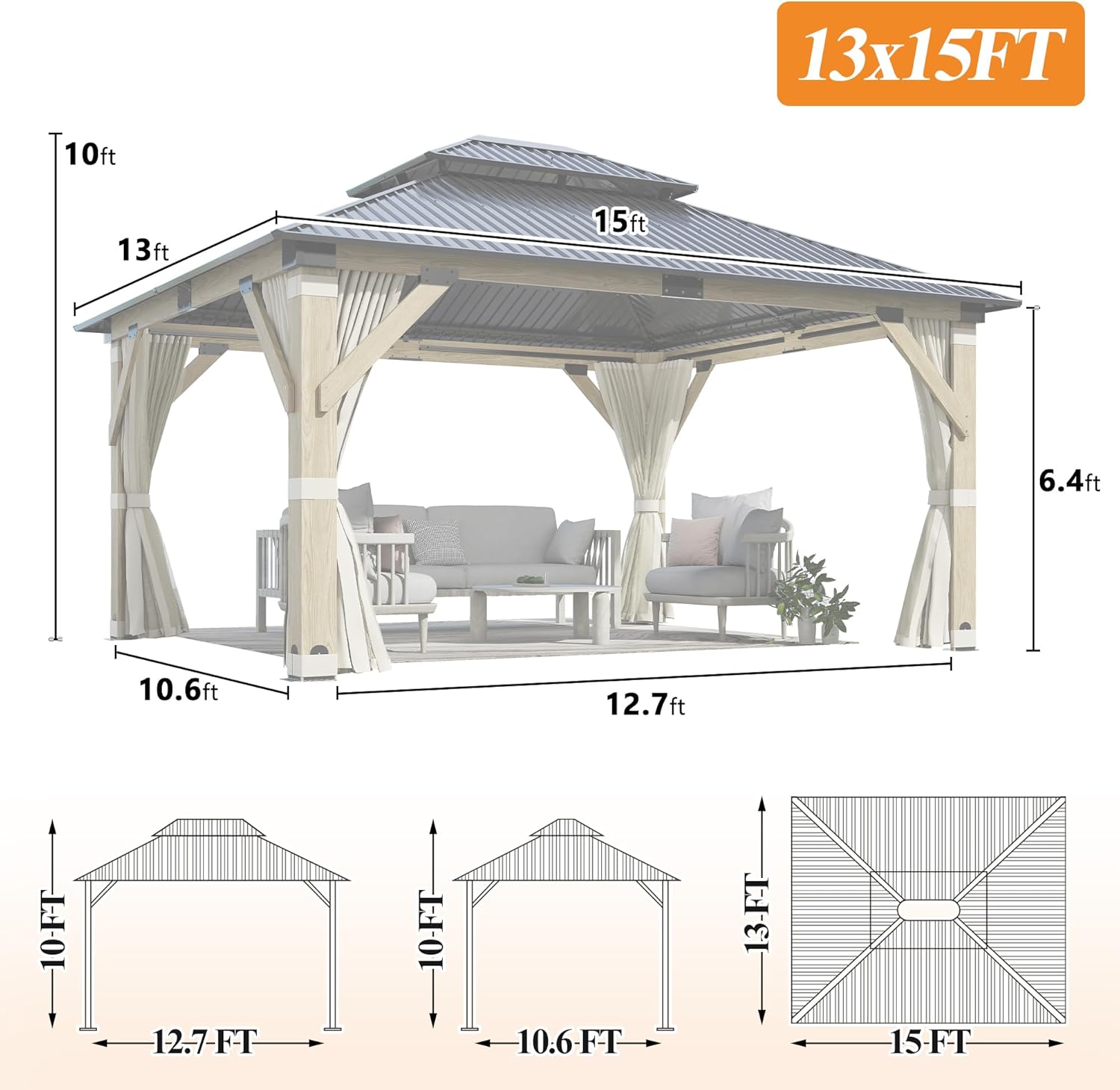GARTOO 13'x15' Patio Wooden Gazebo, Galvanized Steel Roof Gazebo with Privacy Curtains and Netting, Double Vented Roof Hardtop Gazebos for Garden, Porch, Lawn, Poolside, Backyard Deck