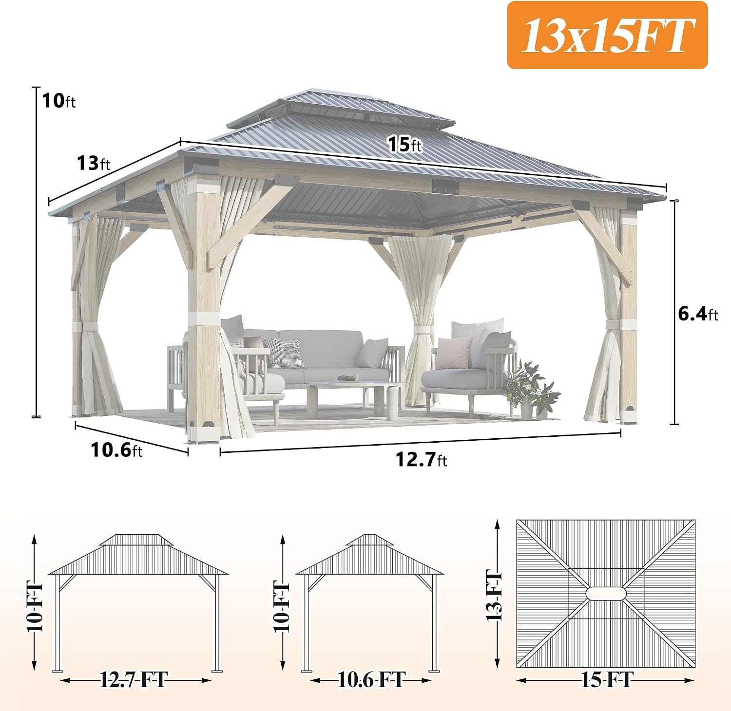 GARTOO 13'x15' Outdoor Patio Wooden Gazebo - Galvanized Steel Hardtop with Double Curtains, Vented Wood for Garden, Porch, Lawn, Poolside, Backyard