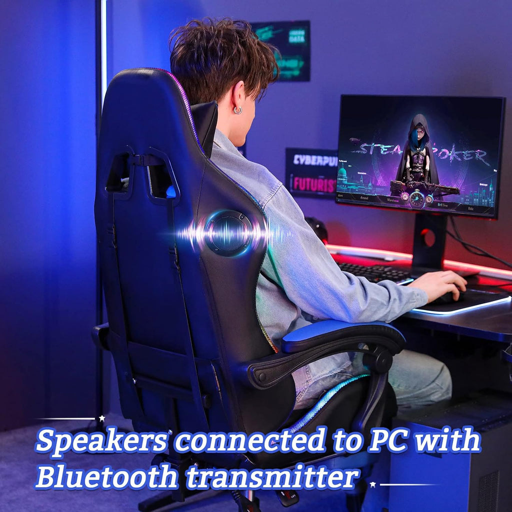 RGB Gaming Chair with Bluetooth Speakers and LED Lights Ergonomic Massage Computer Gaming Chair with Footrest Video Game Chair High Back with Lumbar Support Blue and Black