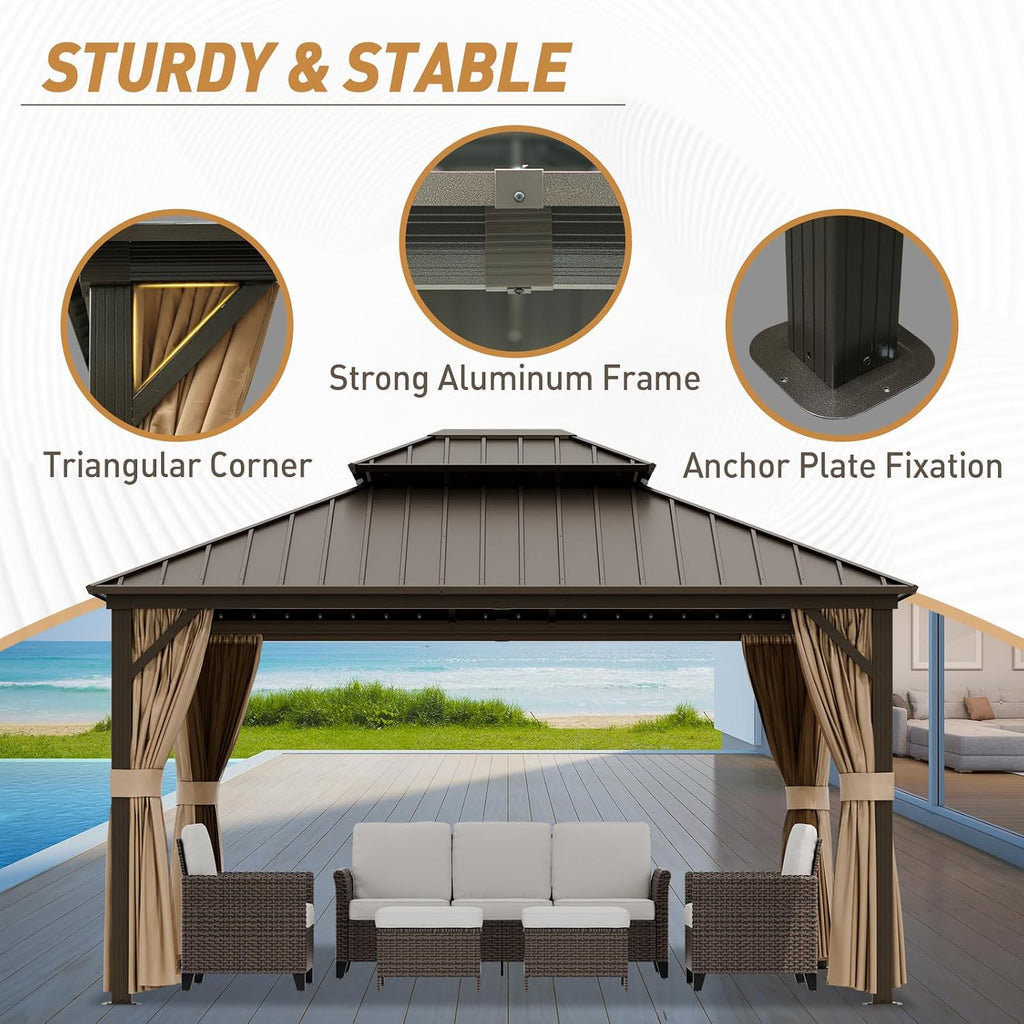 12x14 Hardtop Gazebo with Netting and Curtains, Galvanized Steel Double Roof Outdoor Pavilion with Aluminum Frame, Patio Gazebo for Deck, Garden, Lawn, Dark Brown/Tan
