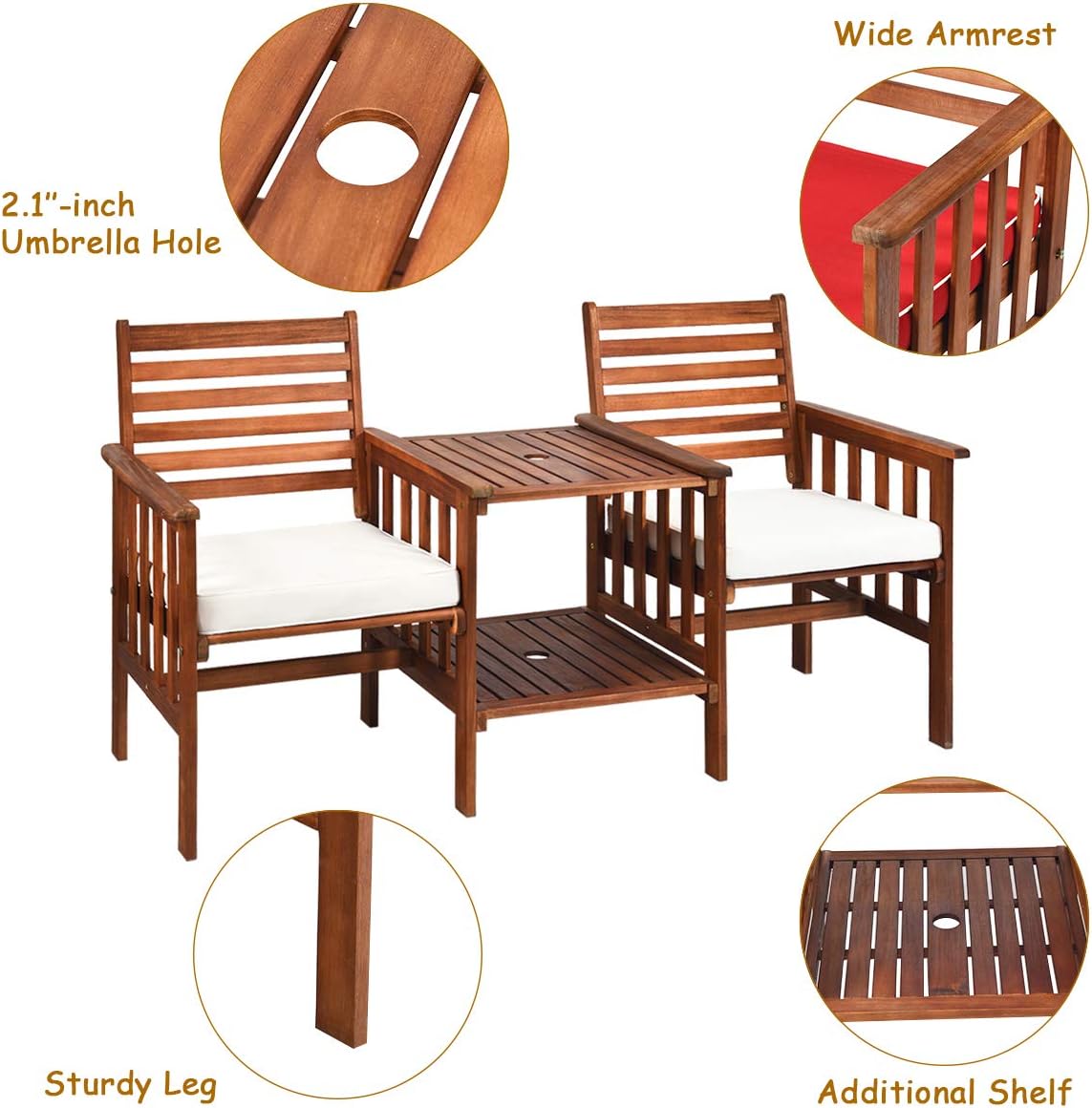 Tangkula Acacia Wood Loveseat, 3pcs Outdoor Table Chairs Set, Patio Conversation Set w/Coffee Table and Soft Cushions, 2.1-inch Umbrella Hole, 2-Seater Furniture Set (White)