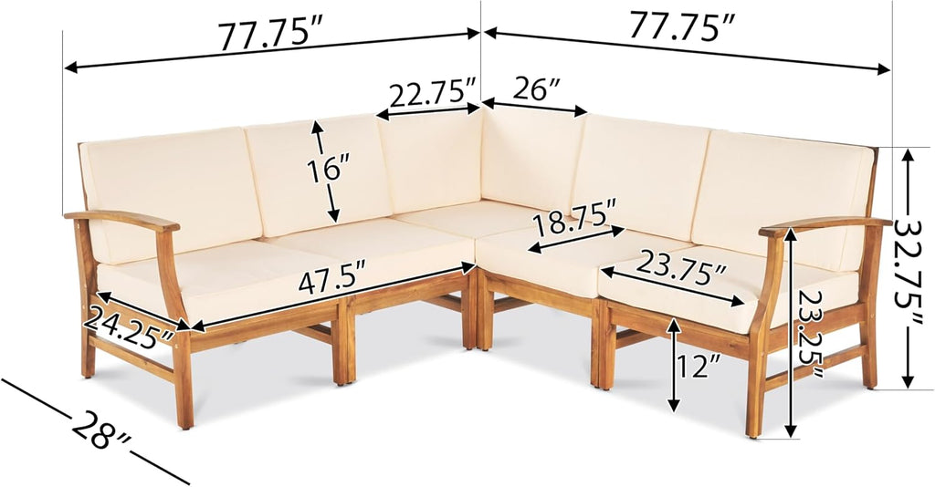 Christopher Knight Home Perla 5 Piece Patio Furniture Set, 5 Seater Acacia Wood Outdoor Corner Sofa Set, Patio Sectional Sofa Couch with Water Resistant Cushions, Teak+Cream