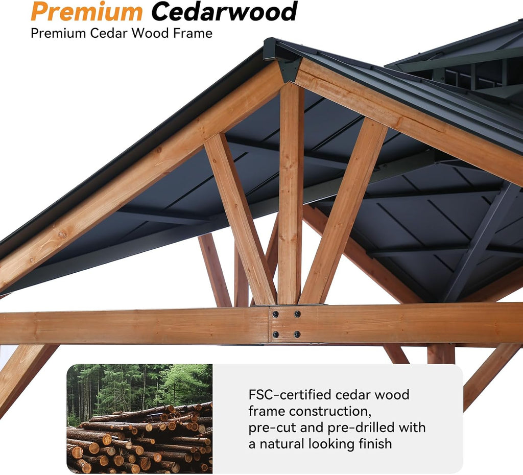Modern Shade Cedar Wood Gazebo 12' x 12', Heavy Duty Hardtop Gazebo with Steel Roof, Water Resistant, Wind Resistant, Solid Wood Framed Pavilion, Perfect for Your Permanent Outdoor Pavilion