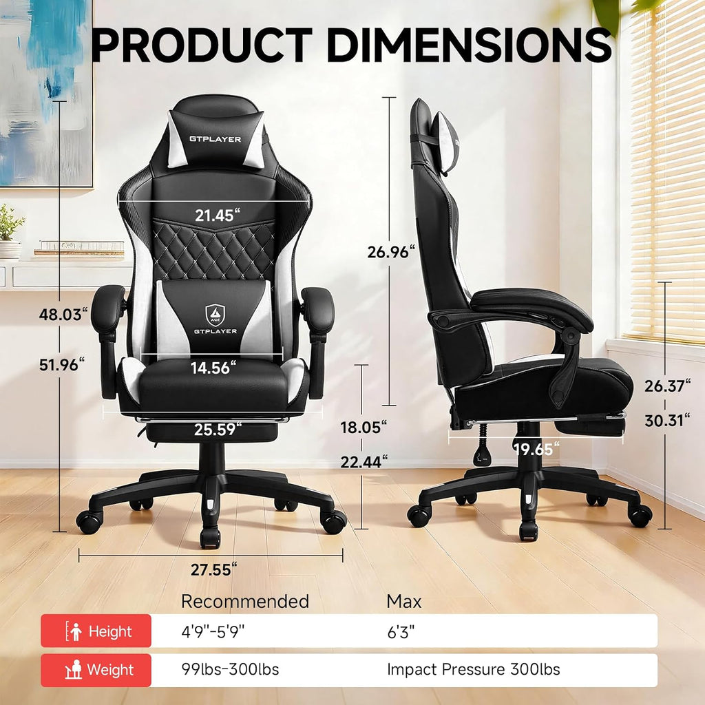 GTPLAYER Gaming Chair, High Back Leather Computer Game Chair with Footrest, Ergonomic Height Adjustable Office Chair with Removable Cover and Lumbar Support for Gaming and Work (WT,with Leather Cover)