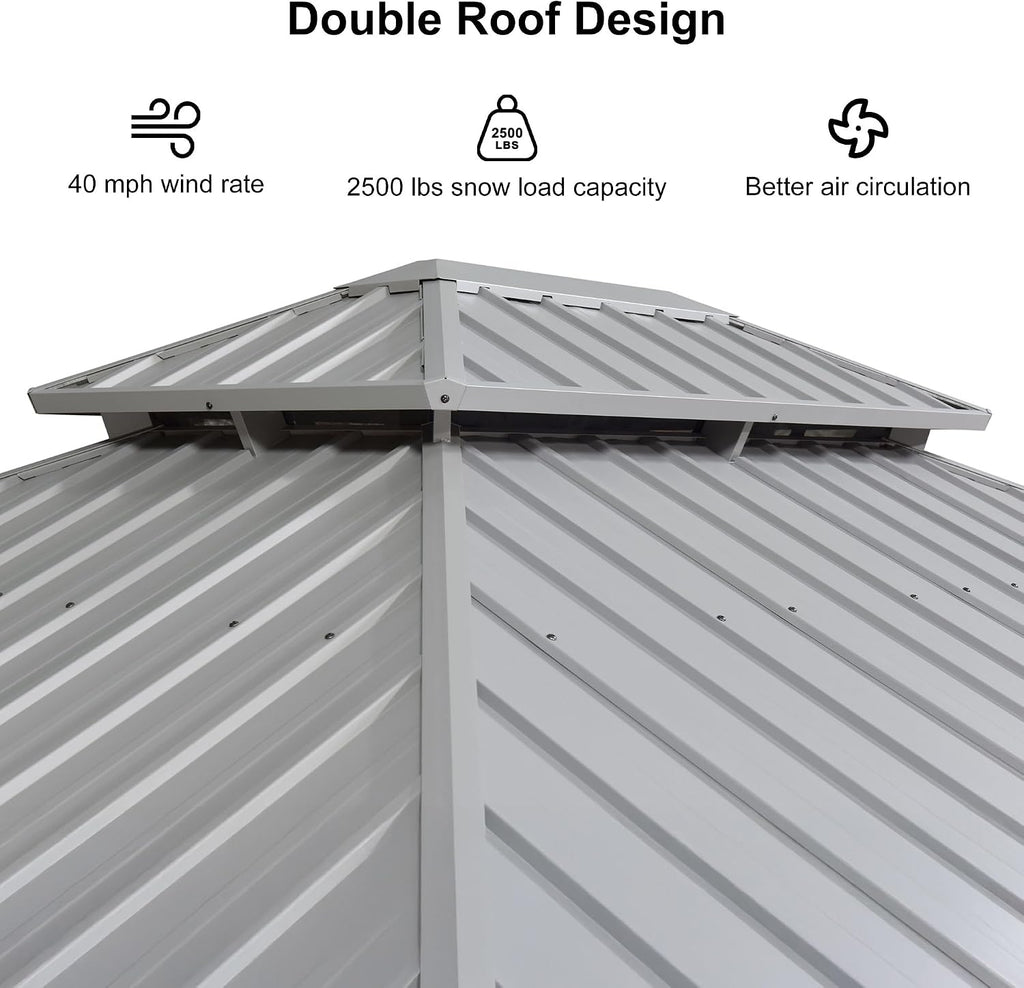 PURPLE LEAF 11' x 13' Hardtop Aluminum Gazebo with Double Metal Roof Heavy Duty All Weather Permanent Gazebo for Pool Patio Deck Lawn Garden All Weather Outdoor Pavilion Gazebos, Light Grey