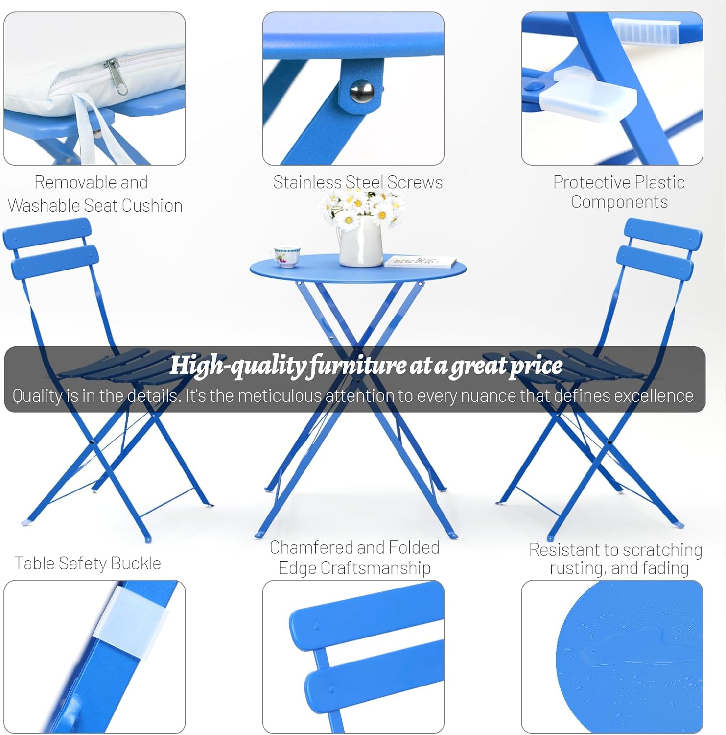 Patio Bistro Set Outdoor Furniture Set Folding Bistro Table and Chairs Conversation Set for Bistro Balcony Porch Yard Garden(Blue with Cushion)