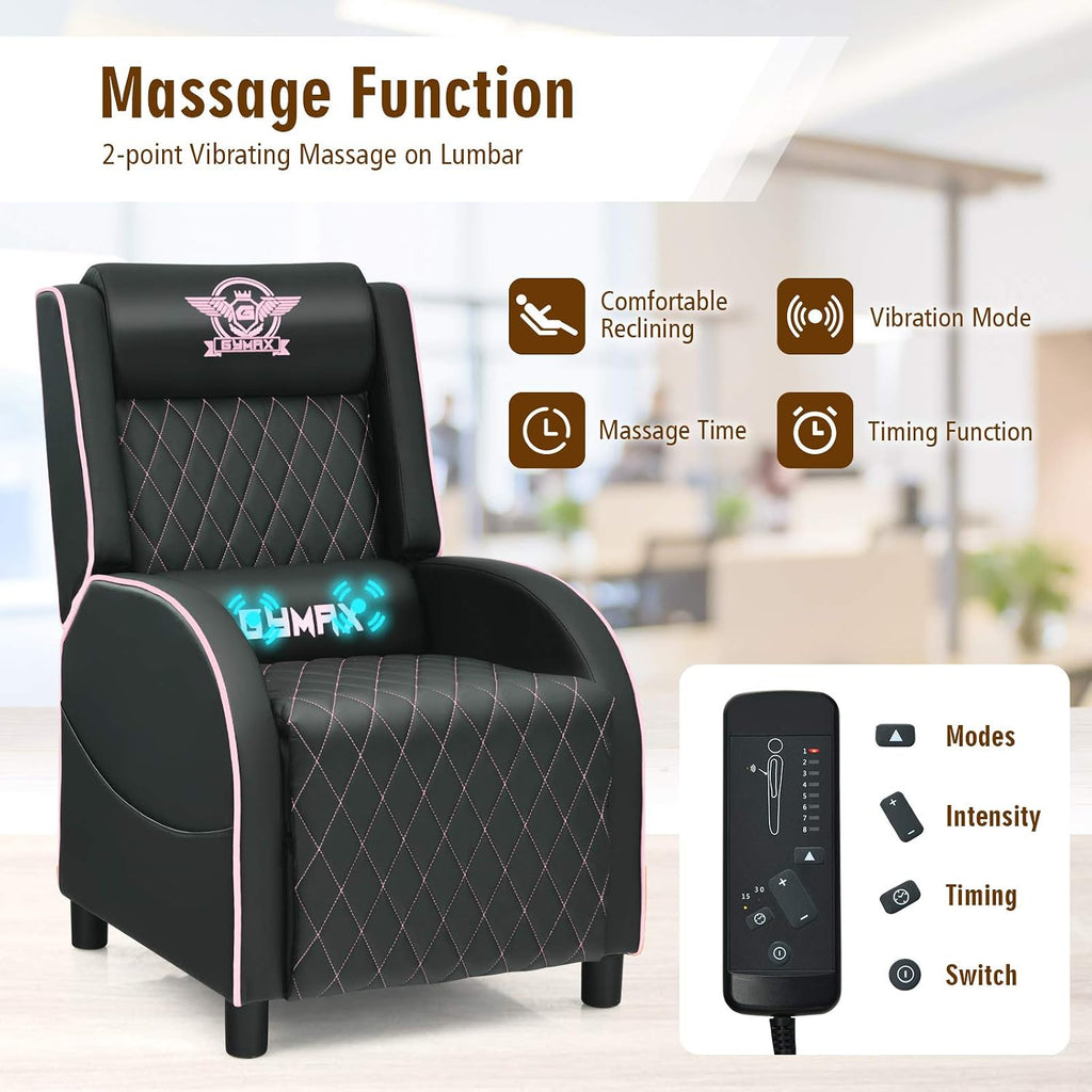 GYMAX Massage Gaming Recliner Chair, Ergonomic Racing Style Single Sofa with Adjustable Headrest, Backrest & Footrest, Home Theater Sofa for Living Room Office (Pink)