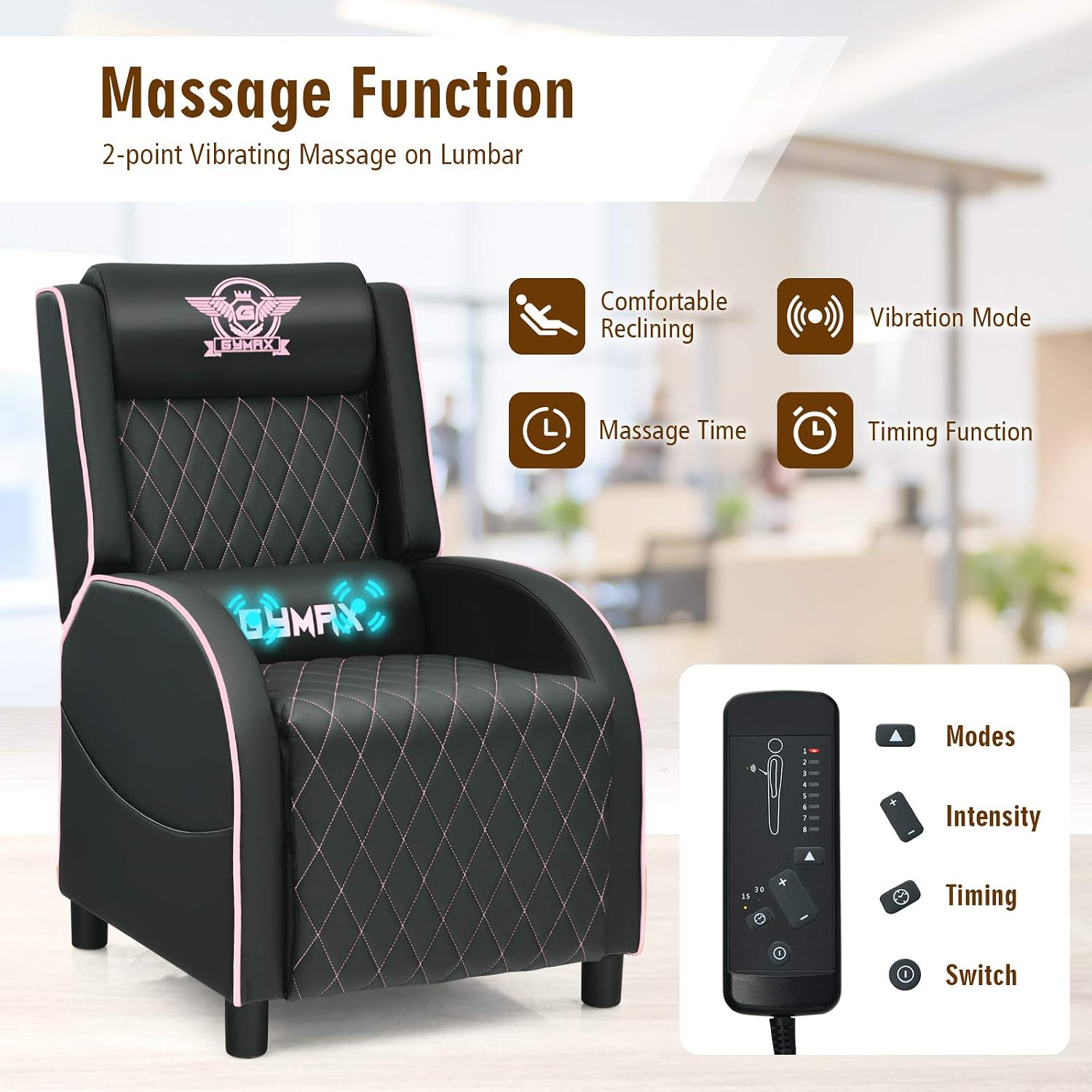 GYMAX Massage Gaming Recliner Chair, Ergonomic Racing Style Single Sofa with Adjustable Headrest, Backrest & Footrest, Home Theater Sofa for Living Room Office (Pink)