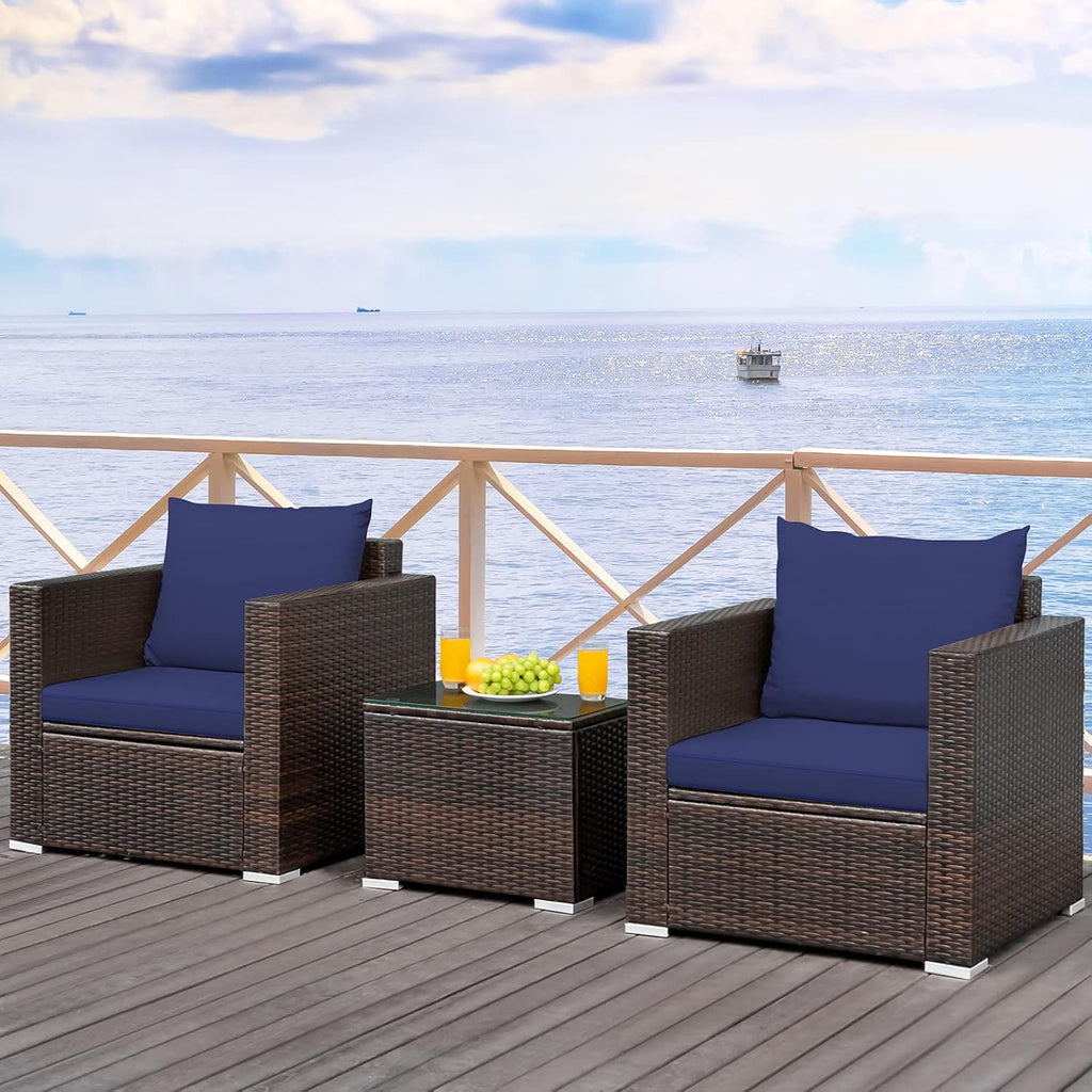 HAPPYGRILL 3-Piece Patio Furniture Set PE Rattan Wicker Sofa Set with Cushions and Coffee Table Outdoor Patio Conversation Set for Garden Poolside Balcony