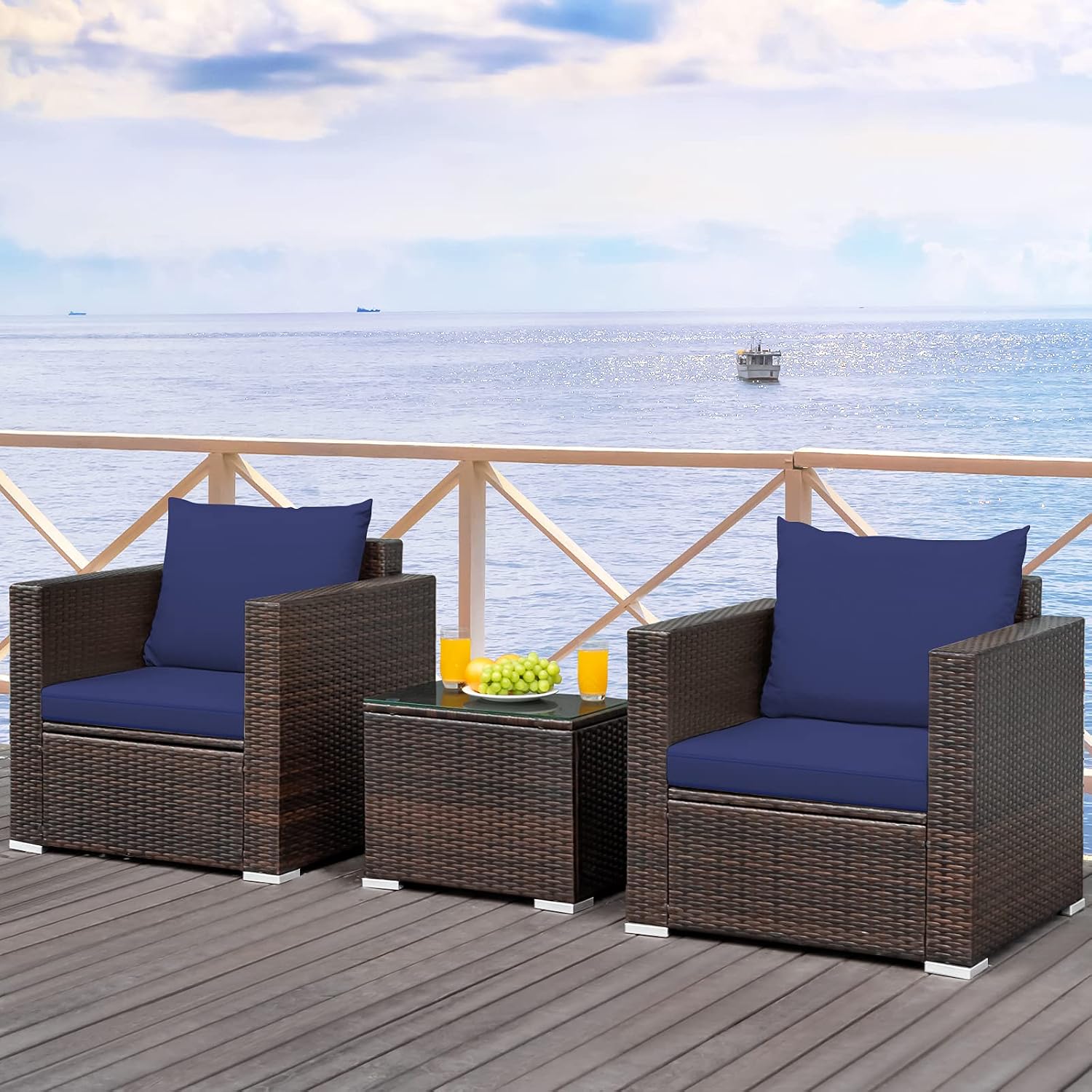 HAPPYGRILL 3-Piece Patio Furniture Set PE Rattan Wicker Sofa Set with Cushions and Coffee Table Outdoor Patio Conversation Set for Garden Poolside Balcony