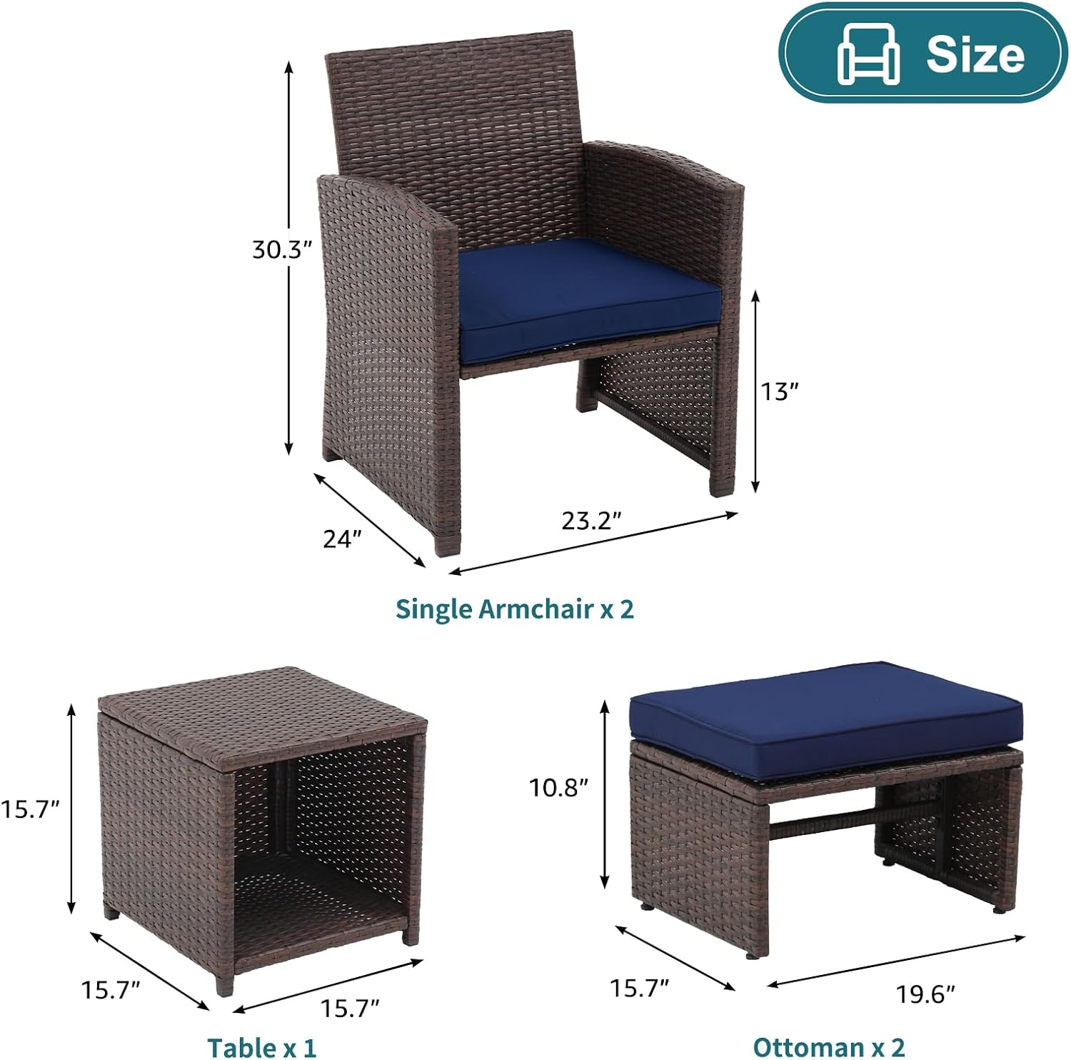 OC Orange-Casual 5 Pcs Patio Conversation Set Balcony Furniture Set with Cushions, Brown Wicker Chair with Ottoman, Storage Table for Backyard, Garden, Porch, Blue