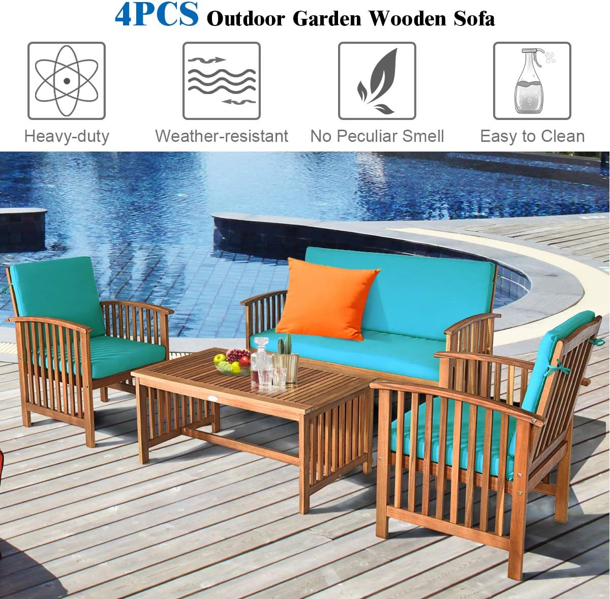 Tangkula Outdoor 4 PCS Acacia Wood Sofa Set w/Water Resistant Cushions, Padded Patio Seating Chat Set w/Coffee Table for Garden, Backyard, Poolside (1, Turquoise)