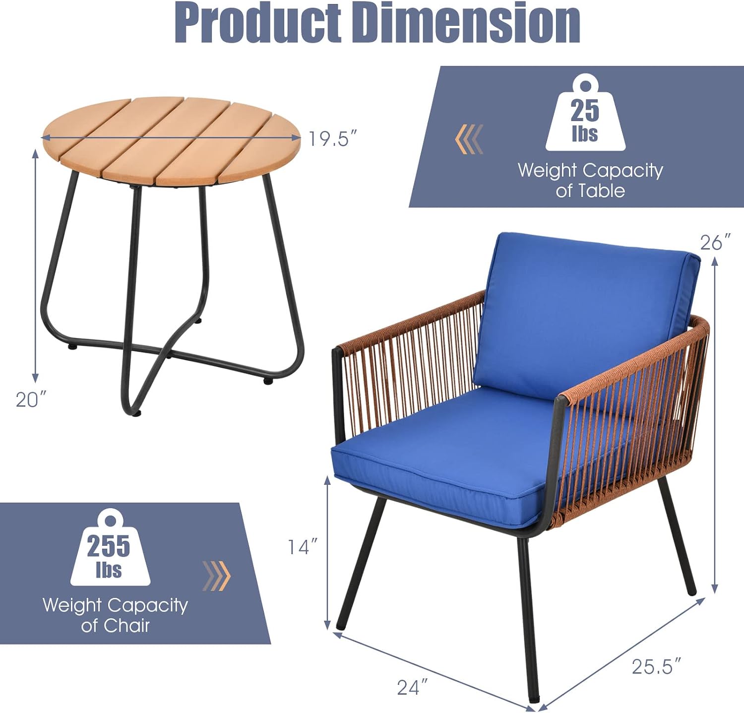 Tangkula 3 Pieces Patio Bistro Set, Outdoor Conversation Chair Set with Coffee Table, Modern Furniture Set with Soft Cushions, Suitable for Porch Backyard Garden Poolside (Navy Blue)