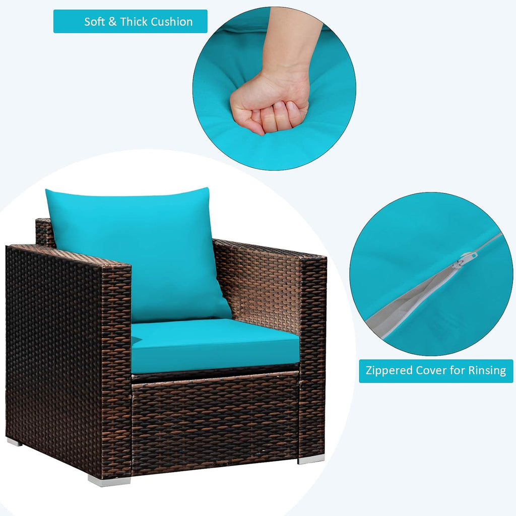 Tangkula 3 Pieces Patio Furniture Set, Outdoor Conversation Rattan Furniture Set w/Washable Cushion and Tempered Glass Tabletop, PE Rattan Wicker Sofa Set for Garden Poolside Balcony