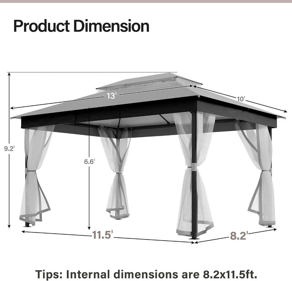 LAUSAINT HOME 10' X 13' Waterproof Patio Gazebo with Mosquito Netting, Double Roof Outdoor Gazebo Pavilion Shelter for Backyard, Garden, Lawn, Wedding (Grey)