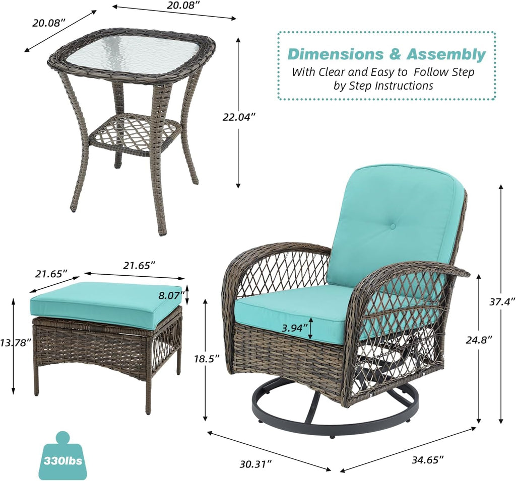 EROMMY 5 Pieces Outdoor Swivel Rocker Patio Chairs, 360 Degree Rocking Patio Conversation Set with Thickened Cushions, Glass Coffee Table and Ottomans for Backyard, Blue