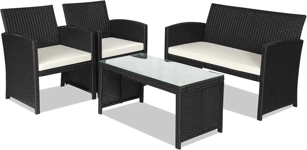 Goplus 4-Piece Rattan Patio Furniture Set, Outdoor Wicker Conversation Sofa with Weather Resistant Cushions and Tempered Glass Tabletop for Lawn Backyard Pool Garden (White(Black Wicker))