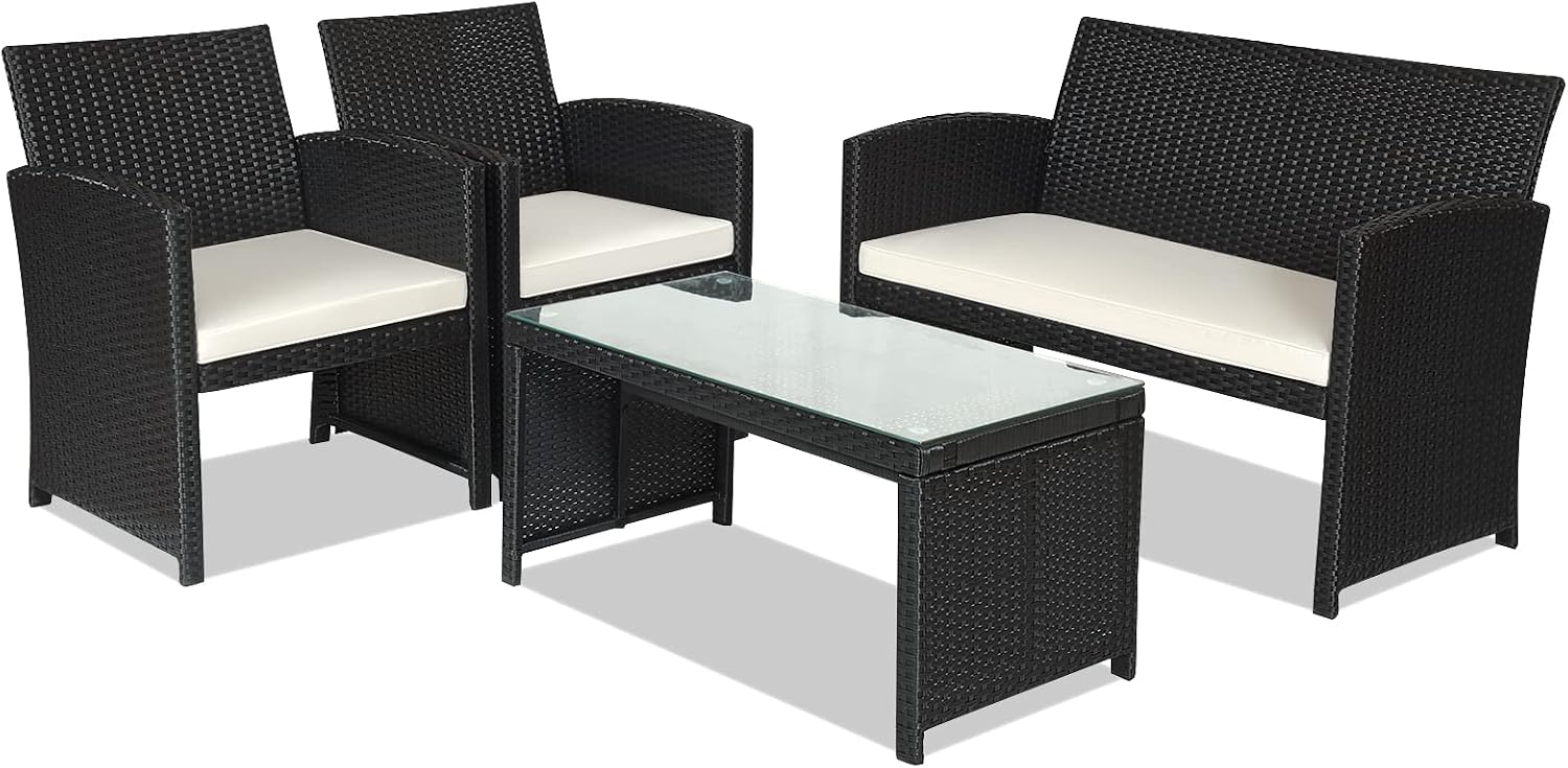 Goplus 4-Piece Rattan Patio Furniture Set, Outdoor Wicker Conversation Sofa with Weather Resistant Cushions and Tempered Glass Tabletop for Lawn Backyard Pool Garden (White(Black Wicker))