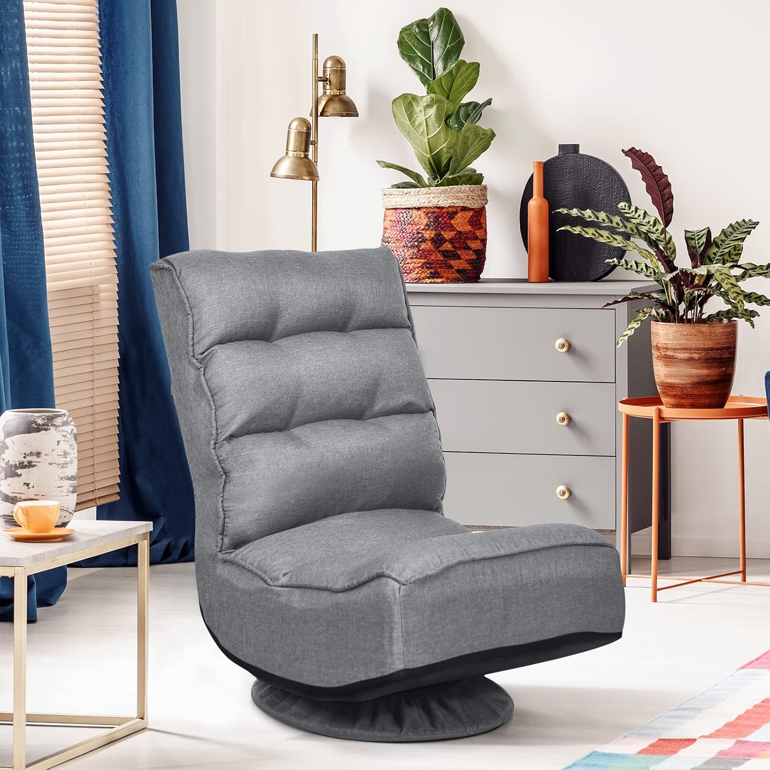 COSTWAY Folding Floor Chair, Adjustable 5-Position Video Gaming Chair with 360 Degree Swivel, Detachable Cover, Padded Backrest, Multipurpose Living Room Floor Lounger for TV, Reading, Playing (Grey)