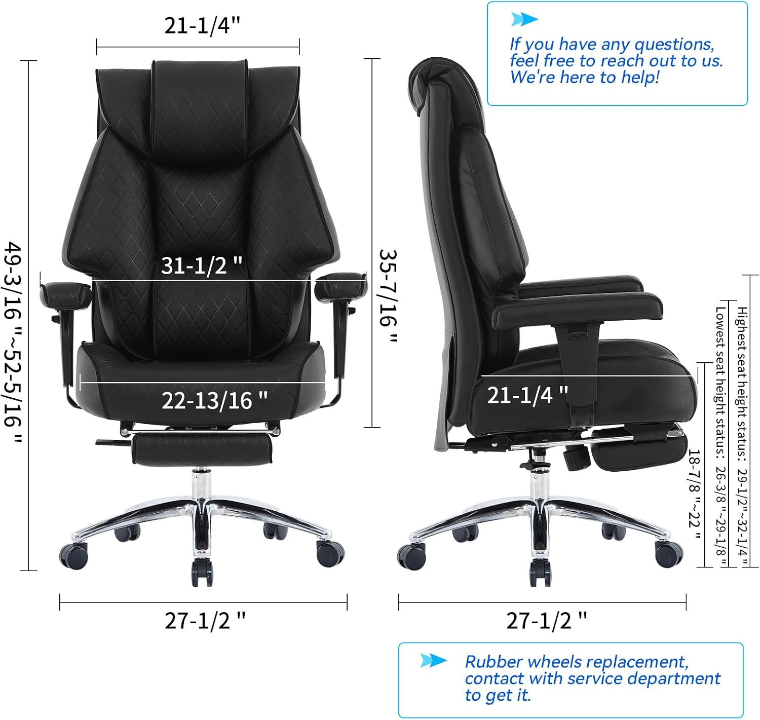 EXCEBET Big and Tall Office Chair with Footrest, PU Leather High Back Executive Office Chair 400lbs, Ergonomic Computer Chairs Lumbar Support for Heavy People (All Black)