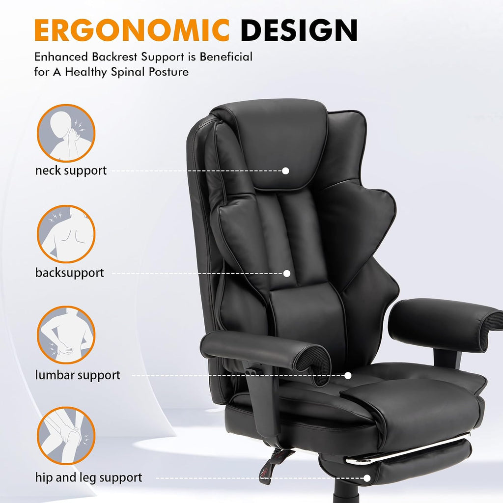 HOMREST 6-Point Massage Office Chair,Heating Executive Chairs,Ergonomic Home Office Desk Chairs with Retractable Footrest and Reclining Function,Leather Computer Chair with Adjustable Armrest(Black)