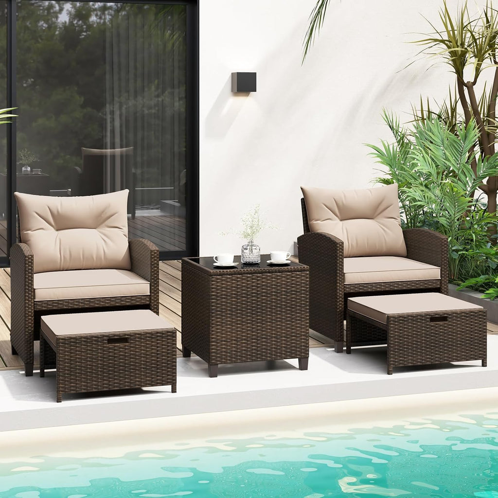 KOTEK 5 Pieces Patio Furniture Set with Ottomans, Wicker Patio Conversation Set with Coffee Table & Cushions, PE Rattan Outdoor Lounge Chairs for Backyard, Porch, Poolside (Mix Brown- Beige)