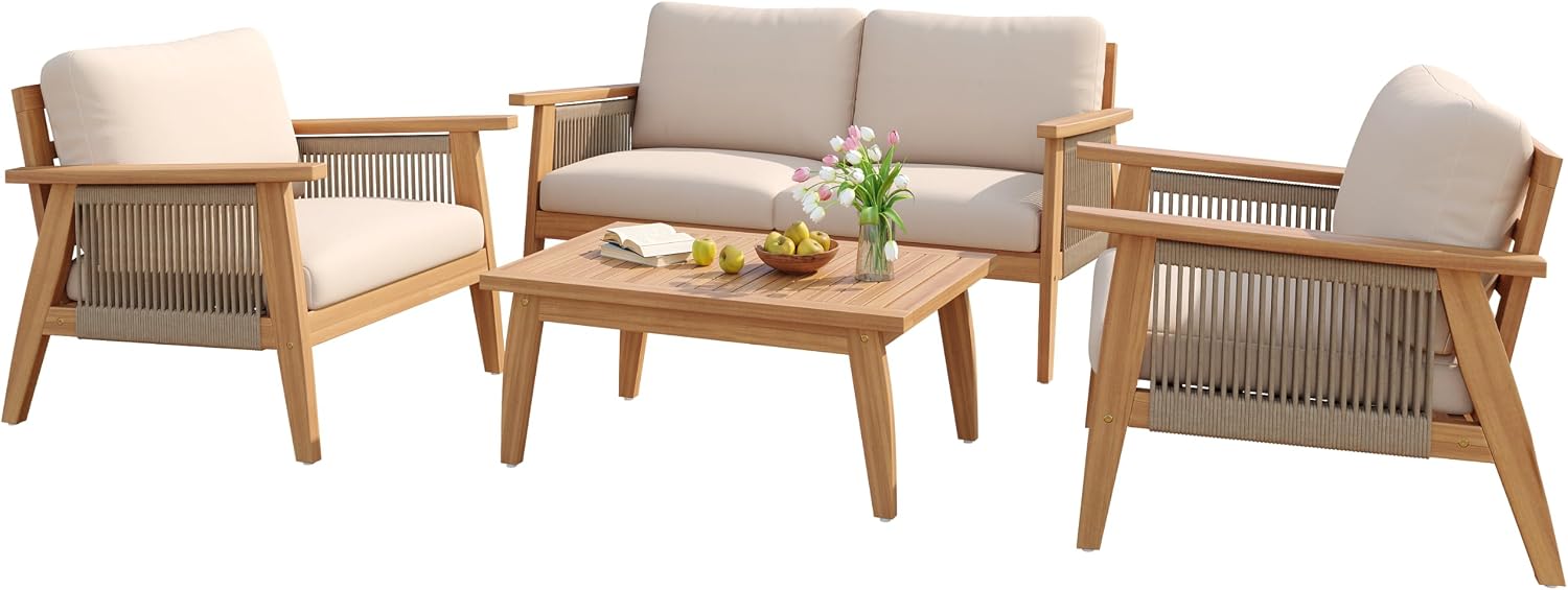4 Piece Outdoor Patio Furniture Set, Acacia Wood Sectional Sofa wSeat Cushions, All-Weather Patio Conversation Seat with Couches and Coffee Table for Garden Backyard Balcony
