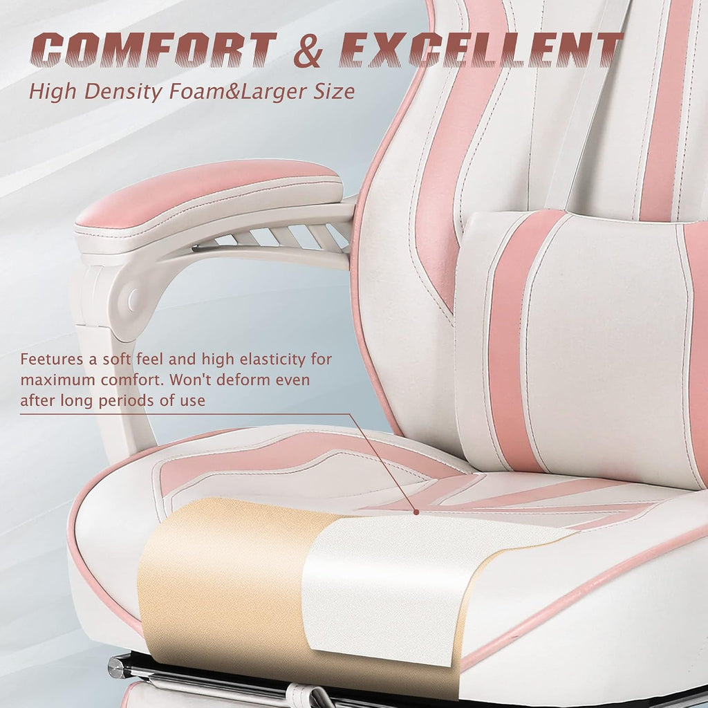 Vonesse Gaming Chair for Girls, Pink Computer Gaming Chairs for Adults, Reclining Gamer Chair with Footrest with Massage, Ergonomic Home Office Chair High Back (White/Pink)