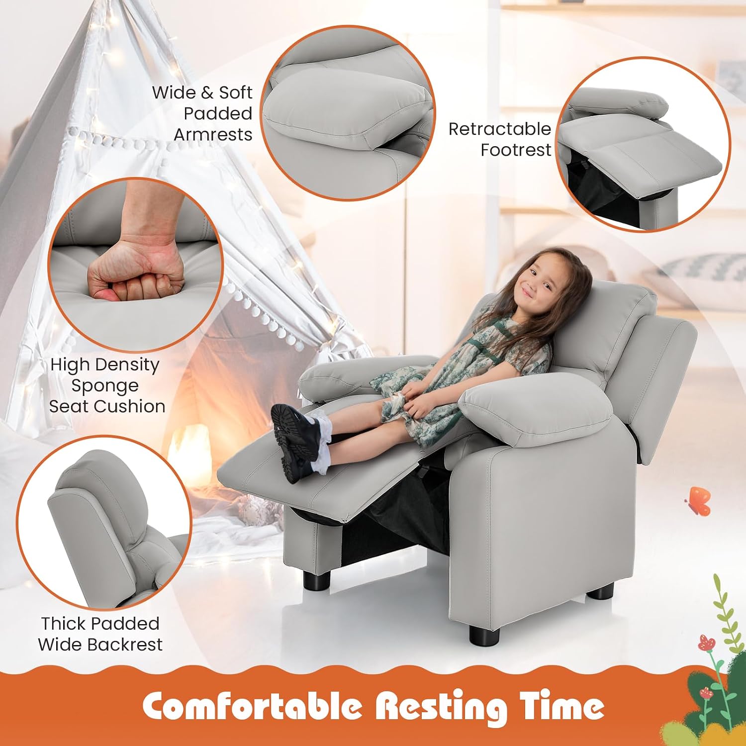 Costzon Kids Recliner, Leather Recliner Chair w/Footrest, Armrest Storage, Headrest & Lumbar Support, Ergonomic Lounge Chair for Living & Gaming Room, Adjustable Recliner Sofa for Boys Girls (Gray)