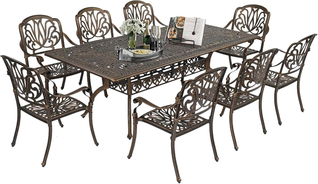 VINGLI 9-Piece Cast Aluminum Outdoor Dining Set for 8, Rectangular Patio Table with Umbrella Hole & 8 Stackable Chairs, All-Weather Garden/Poolside Furniture