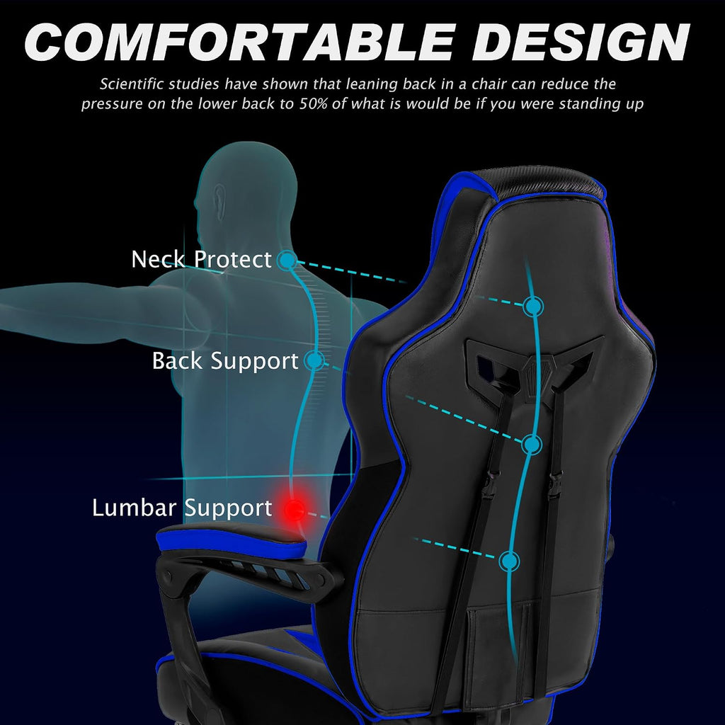 Vonesse Gaming Chairs for Adults, Gamer Chair with Footrest and Massage, Reclining Big and Tall Ergonomic Gaming Chair, Computer Chairs for Heavy People 300LBS (Blue/Black)