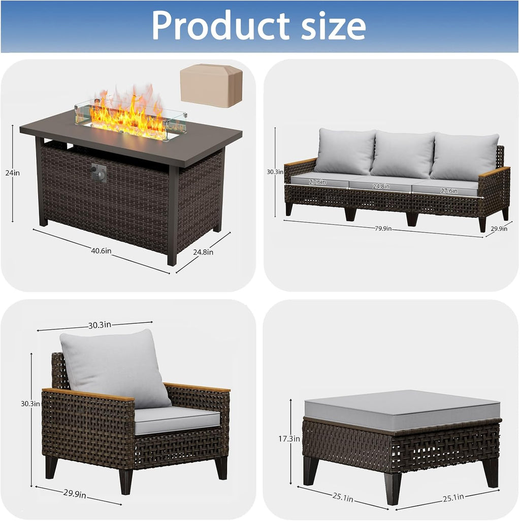 8Piece Patio Furniture Set with 50000 BTU Propane Fire Pit Table, All-Weather Wicker Rattan Outdoor Sectional Sofa Set with High Back and Thick Cushions for Garden, Porch, Poolside, Grey