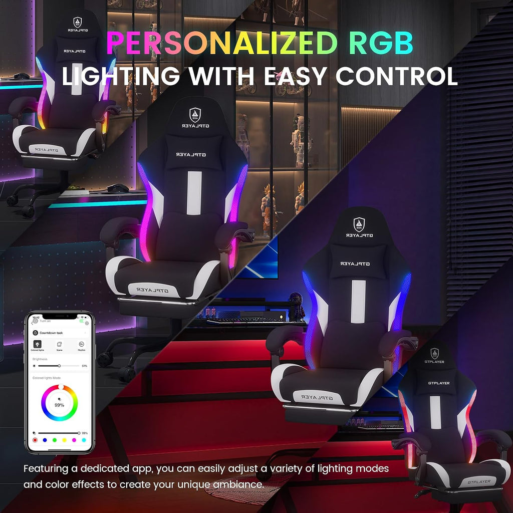 GTPLAYER RGB Gaming Chair with Footrest, LED Lights, Ergonomic Computer Chair with Linkage Armrest, Breathable Fabric for Home Office Desk - Video Game Chairs for Adults, Warm Red