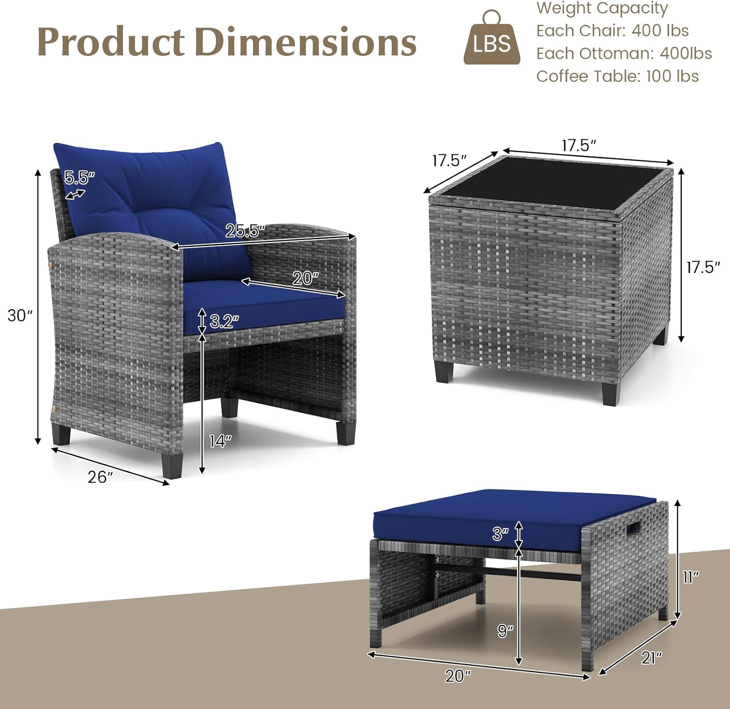 KOTEK 5 Pieces Patio Furniture Set with Ottomans, Wicker Patio Conversation Set with Coffee Table & Cushions, PE Rattan Outdoor Lounge Chairs for Backyard, Porch, Poolside (Mix Grey- Navy)