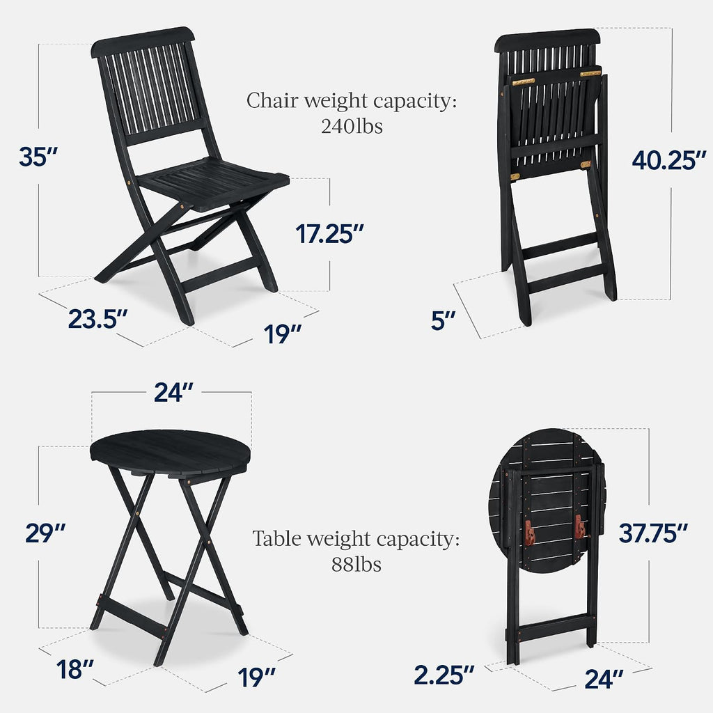 Best Choice Products 3-Piece Acacia Wood Bistro Set, Folding Patio Furniture for Backyard, Balcony, Deck w/ 2 Chairs, Round Coffee Table, Teak Finish - Charcoal