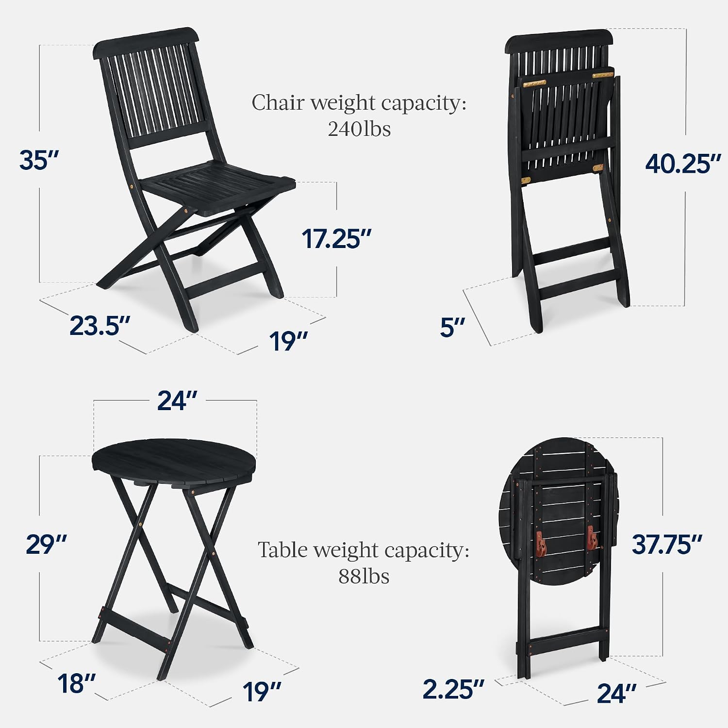 Best Choice Products 3-Piece Acacia Wood Bistro Set, Folding Patio Furniture for Backyard, Balcony, Deck w/ 2 Chairs, Round Coffee Table, Teak Finish - Charcoal