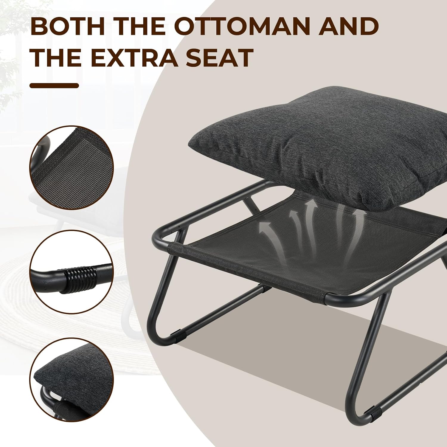 Grand patio Outdoor Chair with Ottoman, Comfy Lounge Chair with Puffy Cushion and Foot Rest, Modern Metal Chair for Patio Porch Deck Living Room, Dark Gray