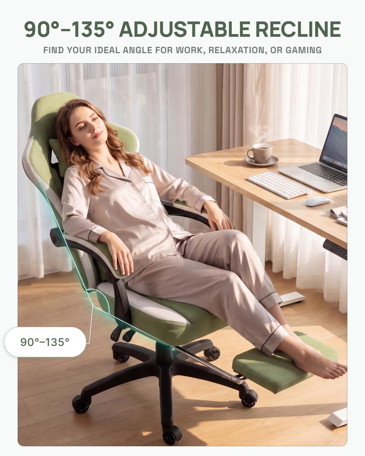 Dowinx Gaming Chair Breathable Fabric Game Chair with Gel Pad and Storage Bag, Comfortable Gamer Chair with Pocket Spring Cushion, Ergonomic Computer Chair with Footrest, Green