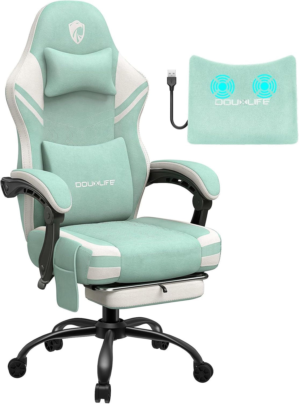 Gaming Chair, Tech Fabric Computer Chair with Massage, Office Chair with Pocket Spring Widened Cushion, High Back Ergonomic Chair with Footrest Lumbar Support Upgraded Metal Legs 350LBS (Green)