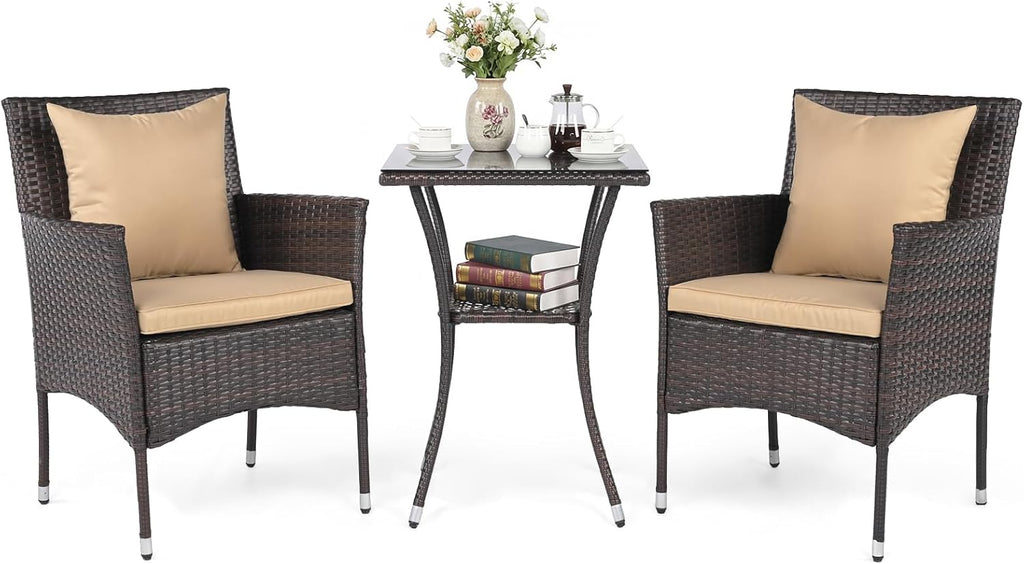 Tangkula 3 Pieces Patio Wicker Bistro Set, 2 Rattan Chairs w/ 2-Tier Tempered Glass Table, Outdoor Conversation Furniture Set with Cushions for Backyard, Porch, Poolside (Mix Brown+Beige)