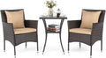 Tangkula 3 Pieces Patio Wicker Bistro Set, 2 Rattan Chairs w/ 2-Tier Tempered Glass Table, Outdoor Conversation Furniture Set with Cushions for Backyard, Porch, Poolside (Mix Brown+Beige)